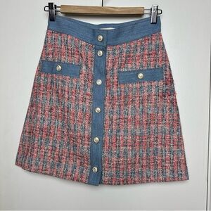 maje Red & Blue Tweed Plaid Button Up Skirt 36 S